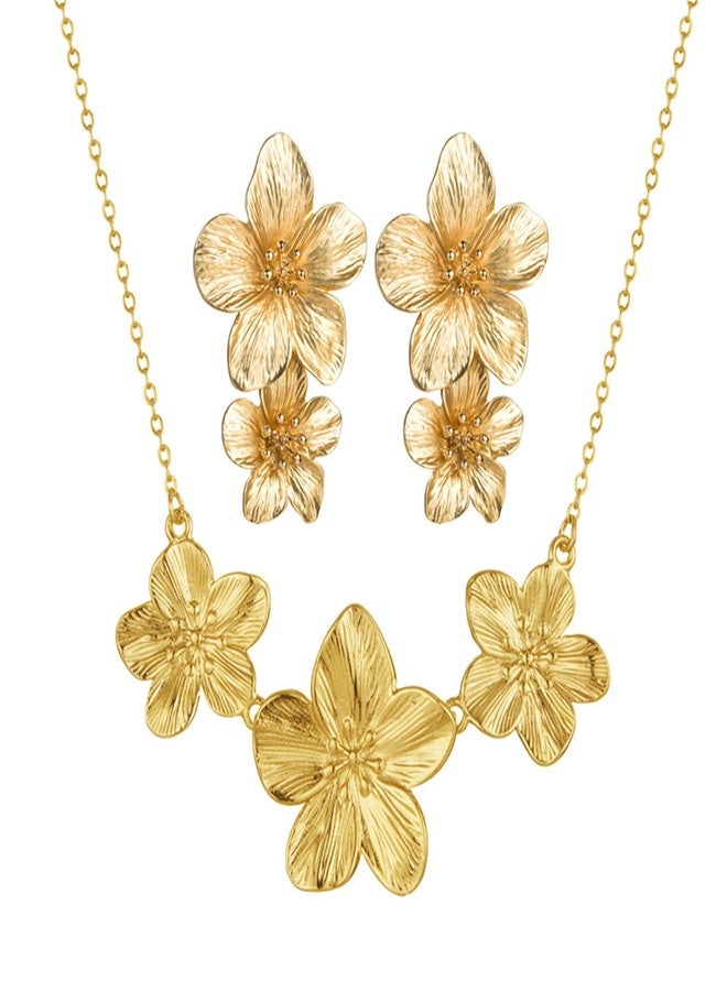 WCRAZYE Gold Chunky Flower Earrings Necklace Sets for Women Boho Statement Flower Earrings Gold Layered Floral Flower Chunky Collar Necklace Wedding Prom Fashion Jewelry (Double Flower) - Image 1